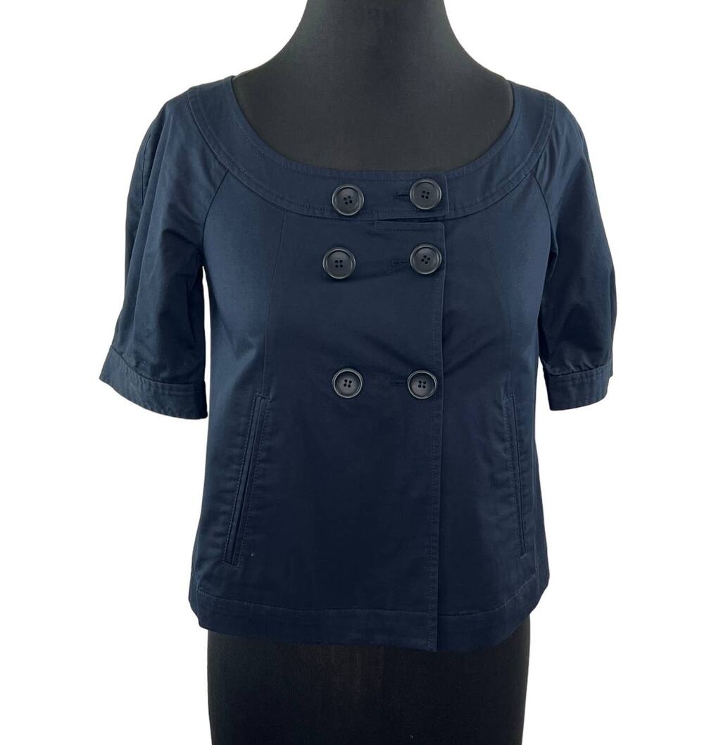 THEORY Navy Blue Short Sleeve Scoop Neck Button Jacket with Pockets Size 2